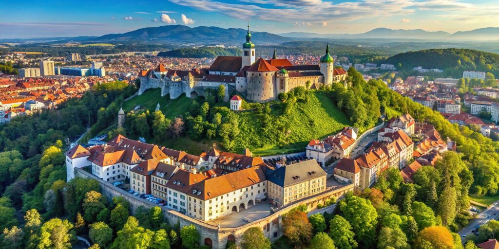 Ljubljana Castle and the banks of the Ljubljanica river